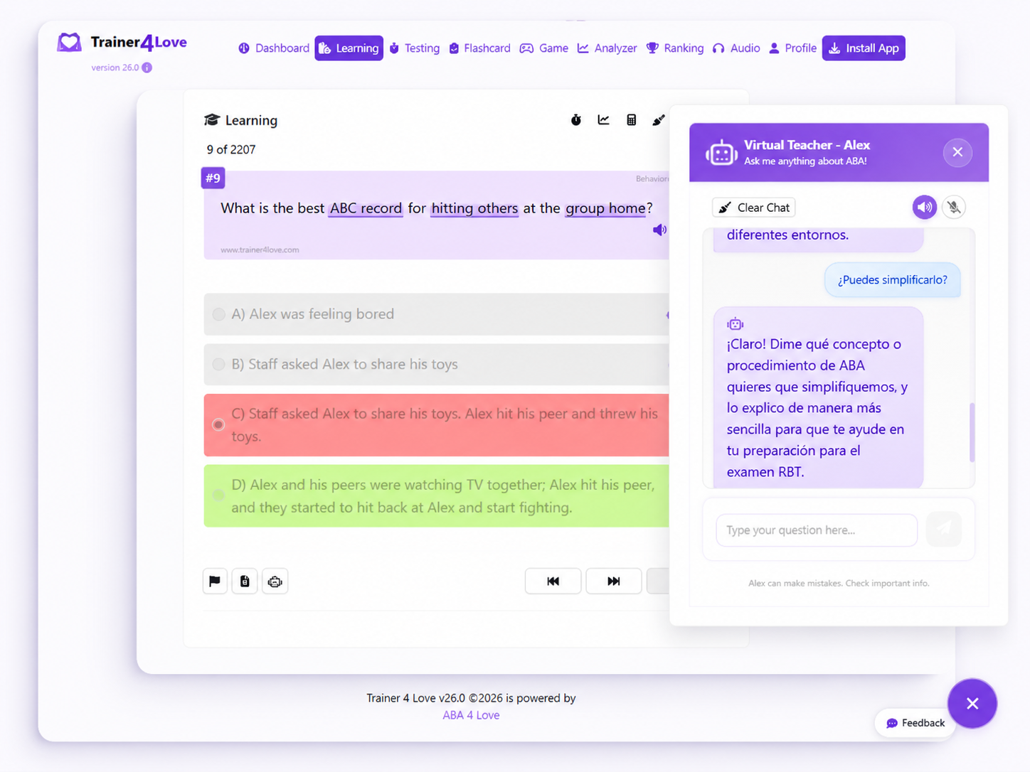 Virtual Tutor Alex chat panel with streaming response.